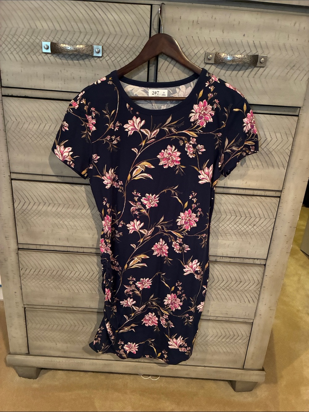 Floral Navy Short Sleeve Dress with Pink Blossom Print